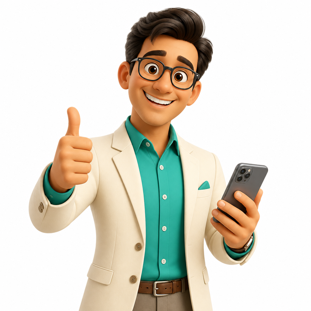 Friendly FoodSafe guide giving a thumbs up while holding a smartphone